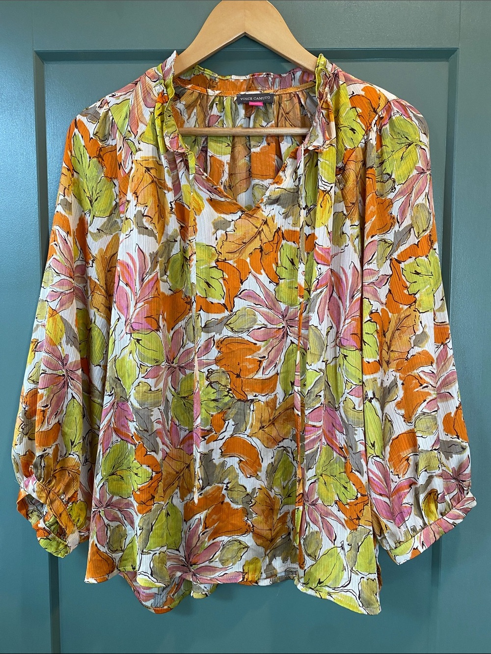 Vince Camuto Tie-Neck Floral Blouse in Orange, Pink & Green
